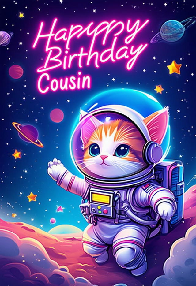 A beautiful book cover with the title 'Happy Birthday Cousin', featuring neon text and an adorable cartoon kitten astronaut in the background