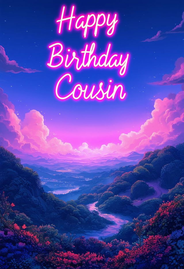 A beautiful book cover with the title 'Happy Birthday Cousin', featuring neon text and a Studio Ghibli-style landscape in the background