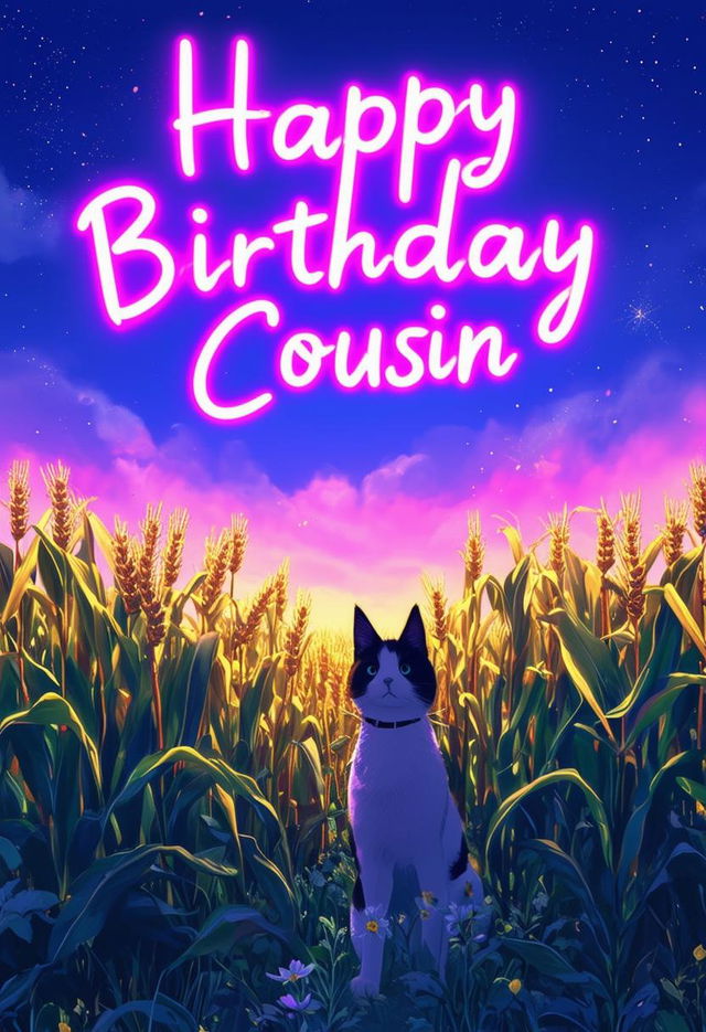 A beautiful book cover with the title 'Happy Birthday Cousin', featuring neon text and a Studio Ghibli-style cornfield background