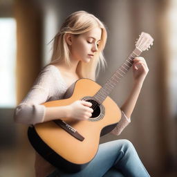 A beautiful blonde girl playing a guitar, immersed in the music