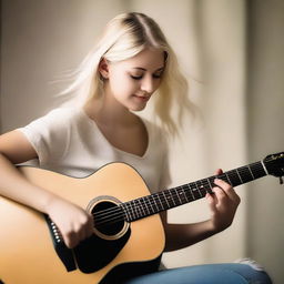 A beautiful blonde girl playing a guitar, immersed in the music