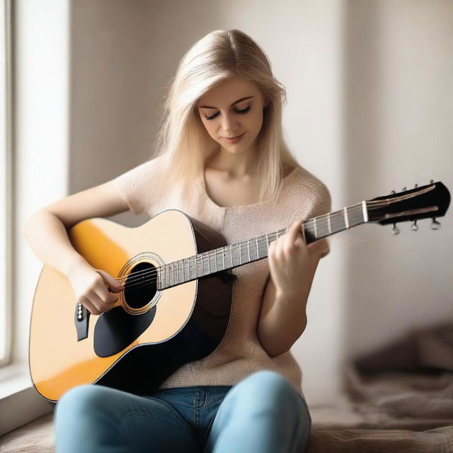 A beautiful blonde girl playing a guitar, immersed in the music