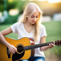 A beautiful blonde girl playing a guitar, immersed in the music