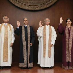 A solemn image of Indian judges taking an oath, their hands raised, draped in traditional robes, committing to the ethical code of conduct against a backdrop adorned with Indian motifs, signifying their dedication to justice.