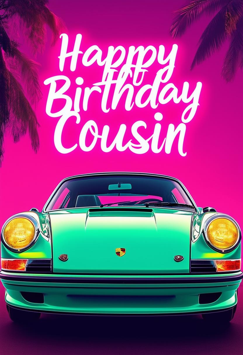 A beautiful book cover with the title 'Happy Birthday Cousin', featuring neon text and a stunning lime green vintage Porsche 911 in the background