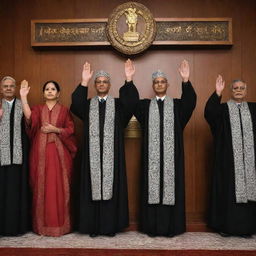 A solemn image of Indian judges taking an oath, their hands raised, draped in traditional robes, committing to the ethical code of conduct against a backdrop adorned with Indian motifs, signifying their dedication to justice.