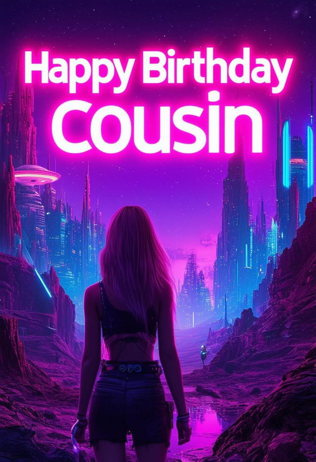 A beautiful book cover with the title 'Happy Birthday Cousin', featuring neon text and a vintage sci-fi dystopian world background