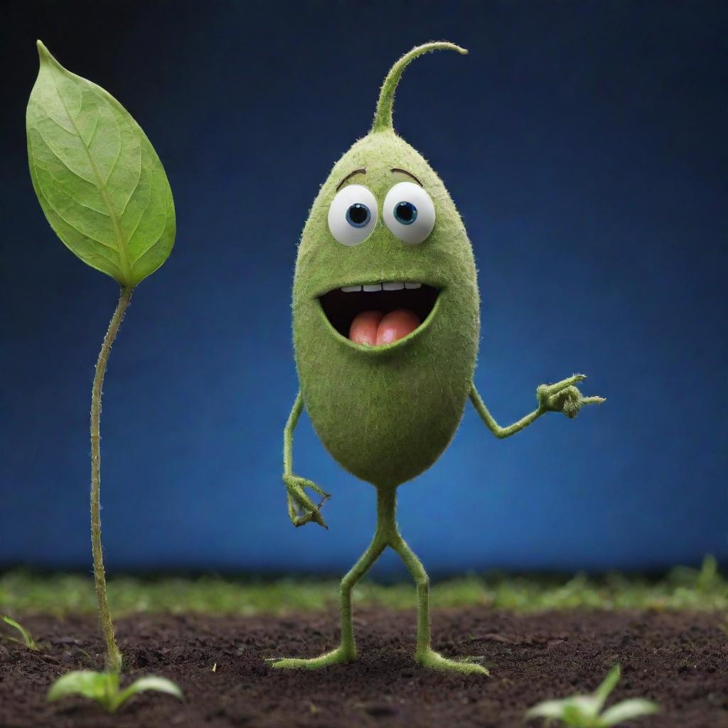 Visualize a charming, talking seed with anthropomorphic features. The seed displays lively expressions as it narrates the magical journey of its eventual transformation into a towering plant.