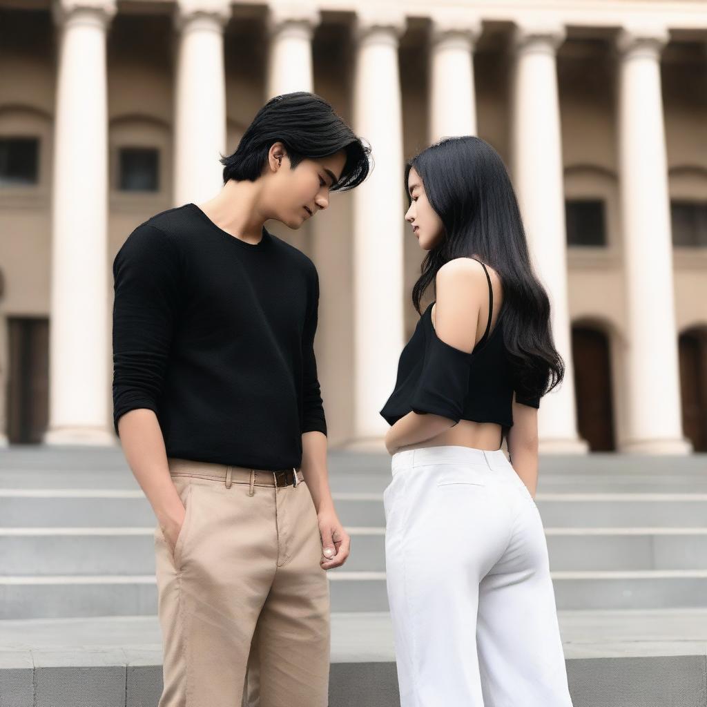 A beautiful girl with long black hair wearing a white crop-top and wide-leg pants is reaching her hand to a handsome black-haired guy