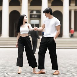 A beautiful girl with long black hair wearing a white crop-top and wide-leg pants is reaching her hand to a handsome black-haired guy