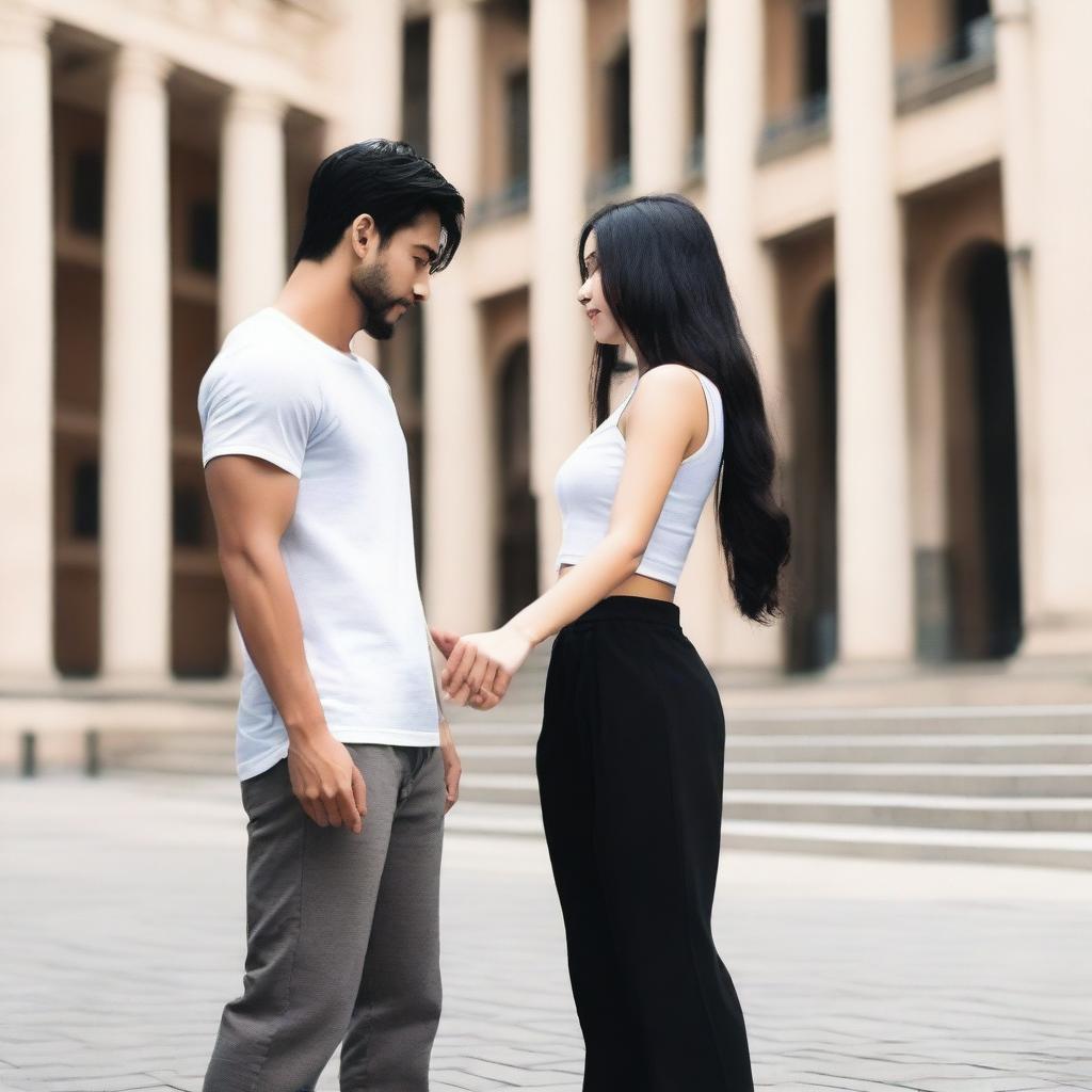 A beautiful girl with long black hair wearing a white crop-top and wide-leg pants is reaching her hand to a handsome black-haired guy