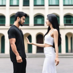 A beautiful girl with long black hair wearing a white crop-top and wide-leg pants is reaching her hand to a handsome black-haired guy