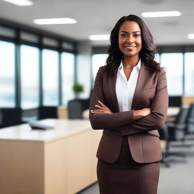 A professional brown-skinned female, dressed in business attire, standing confidently in an office setting