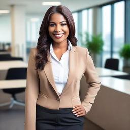 A professional brown-skinned female, dressed in business attire, standing confidently in an office setting