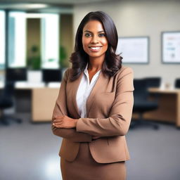 A professional brown-skinned female, dressed in business attire, standing confidently in an office setting