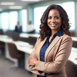 A professional brown-skinned female, dressed in business attire, standing confidently in an office setting