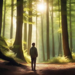 A heartfelt scene of a young person searching for their father in a serene and beautiful landscape