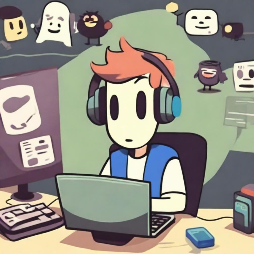 A humorous and quirky depiction of a Discord moderator sitting at their computer, surrounded by multiple monitors and Discord notifications