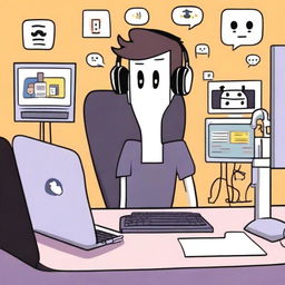 A humorous and quirky depiction of a Discord moderator sitting at their computer, surrounded by multiple monitors and Discord notifications