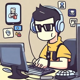 A humorous and quirky depiction of a Discord moderator sitting at their computer, surrounded by multiple monitors and Discord notifications