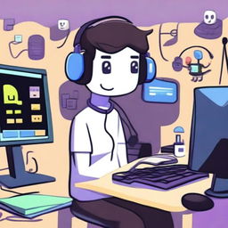 A humorous and quirky depiction of a Discord moderator sitting at their computer, surrounded by multiple monitors and Discord notifications