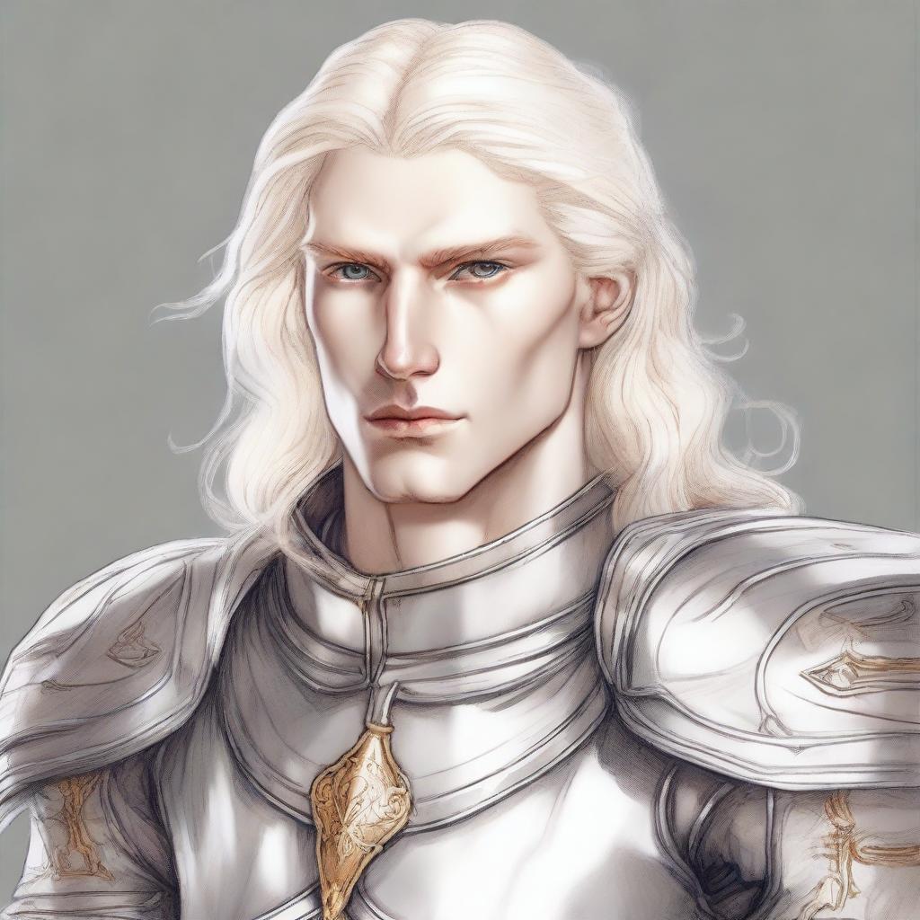 A detailed medieval sketch of a large build platinum blond male aasimar with golden eyes