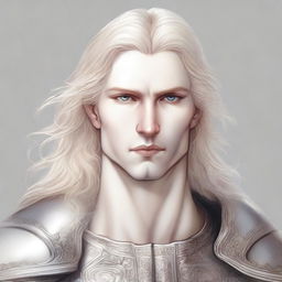 A detailed medieval sketch of a large build platinum blond male aasimar with golden eyes