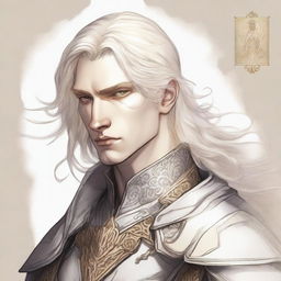 A detailed medieval sketch of a large build platinum blond male aasimar with golden eyes