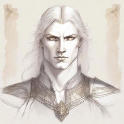 A detailed medieval sketch of a large build platinum blond male aasimar with golden eyes