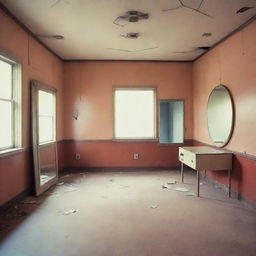 A retro sci-fi empty room with a vintage tint. In the center, a broken mirror reflects the vibrant, homely past, reminiscing about the time when a family lived here.