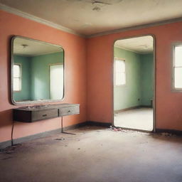 A retro sci-fi empty room with a vintage tint. In the center, a broken mirror reflects the vibrant, homely past, reminiscing about the time when a family lived here.