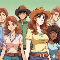 In the center foreground, a girl with cowboy-copper hair and green eyes is confused and dazed; her friend with black wavy hair, tan skin, and blue eyes is in the background, turned away from her; a boy with chocolate curls and twinkling brown eyes is looking at both of the girls; another boy with tawny hair and amber eyes is staring longingly at the main girl in the center front