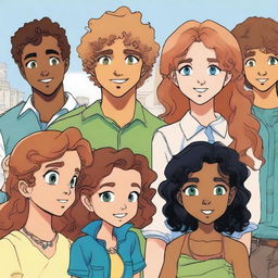 In the center foreground, a girl with cowboy-copper hair and green eyes is confused and dazed; her friend with black wavy hair, tan skin, and blue eyes is in the background, turned away from her; a boy with chocolate curls and twinkling brown eyes is looking at both of the girls; another boy with tawny hair and amber eyes is staring longingly at the main girl in the center front