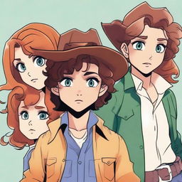 In the center foreground, a girl with cowboy-copper hair and green eyes is confused and dazed; her friend with black wavy hair, tan skin, and blue eyes is in the background, turned away from her; a boy with chocolate curls and twinkling brown eyes is looking at both of the girls; another boy with tawny hair and amber eyes is staring longingly at the main girl in the center front