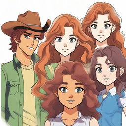 In the center foreground, a girl with cowboy-copper hair and green eyes is confused and dazed; her friend with black wavy hair, tan skin, and blue eyes is in the background, turned away from her; a boy with chocolate curls and twinkling brown eyes is looking at both of the girls; another boy with tawny hair and amber eyes is staring longingly at the main girl in the center front