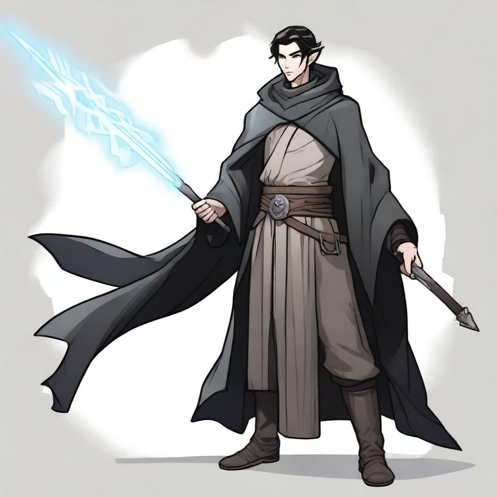 A Dungeons & Dragons male character with elven ears and jet black hair styled in a fade haircut