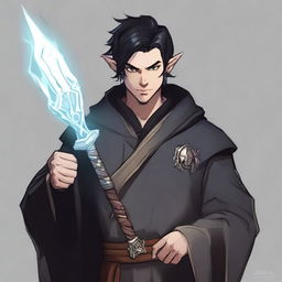 A Dungeons & Dragons male character with elven ears and jet black hair styled in a fade haircut