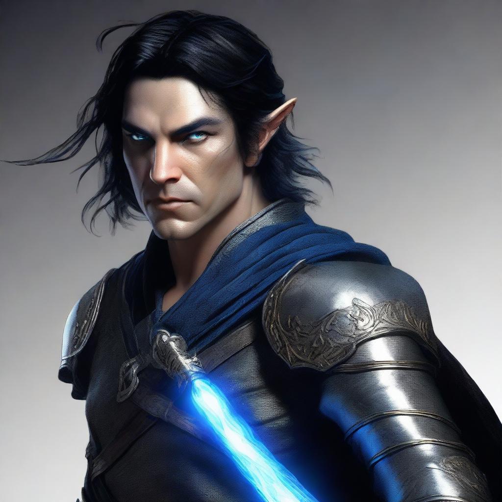 A highly detailed and rugged half-elf male character in a cinematic style