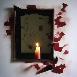 A broken mirror with a reflected image of a candle burning in the background