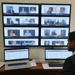 Multiple screens displaying e-filing interfaces & virtual courtroom sessions in progress, signifying the integration of technology in the Indian judiciary system. The digital transformation is making the justice system more accessible to citizens.