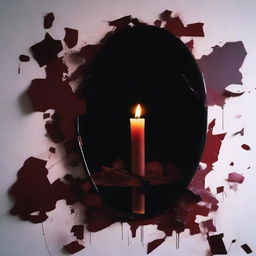 A broken mirror with a reflected image of a candle burning in the background