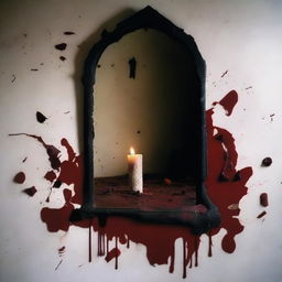 A broken mirror with a reflected image of a candle burning in the background