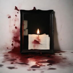 A broken mirror with a reflected image of a candle burning in the background