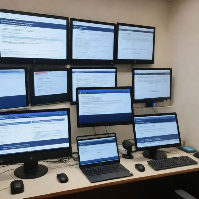 Multiple screens displaying e-filing interfaces & virtual courtroom sessions in progress, signifying the integration of technology in the Indian judiciary system. The digital transformation is making the justice system more accessible to citizens.