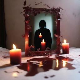 Create an image featuring a broken mirror with a reflected image of a candle burning in the background