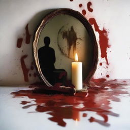 Create an image featuring a broken mirror with a reflected image of a candle burning in the background