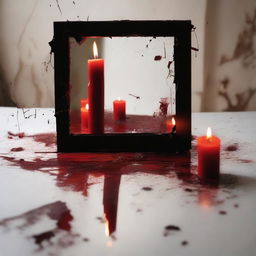 Create an image featuring a broken mirror with a reflected image of a candle burning in the background