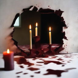 Create an image featuring a broken mirror with a reflected image of a candle burning in the background