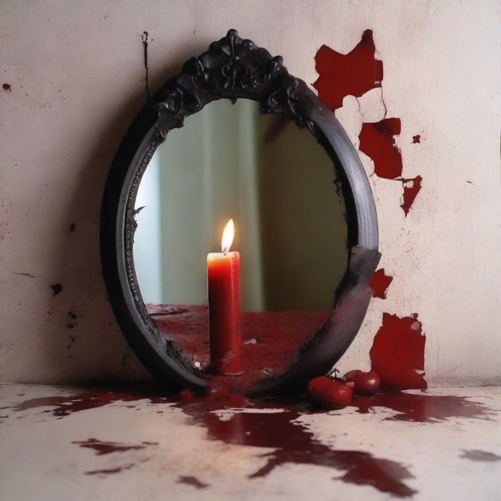 Create an image featuring a broken mirror with a reflected image of a candle burning in the background