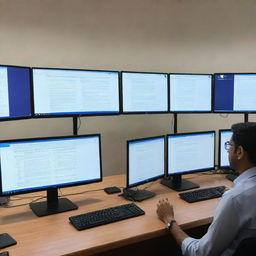 Multiple screens displaying e-filing interfaces & virtual courtroom sessions in progress, signifying the integration of technology in the Indian judiciary system. The digital transformation is making the justice system more accessible to citizens.